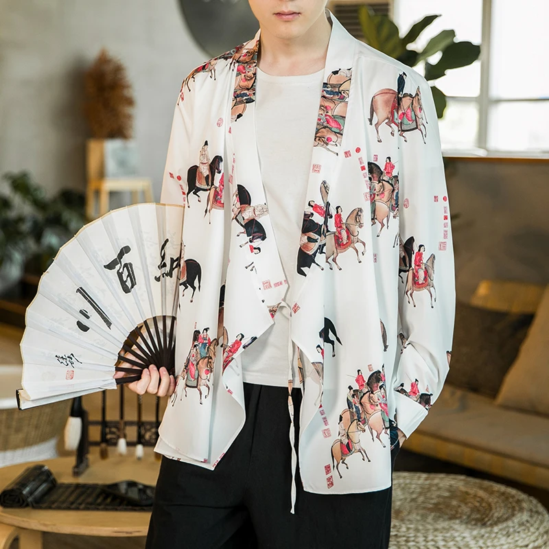 Plus Lieluma Vīriešiem, M-5XL Kimono Krekls ar garām Piedurknēm Japāņu Streetwear Apmetnis Atvērt Priekšpusē Jaciņa Collarless Krekli Vīriešu XXXXXL