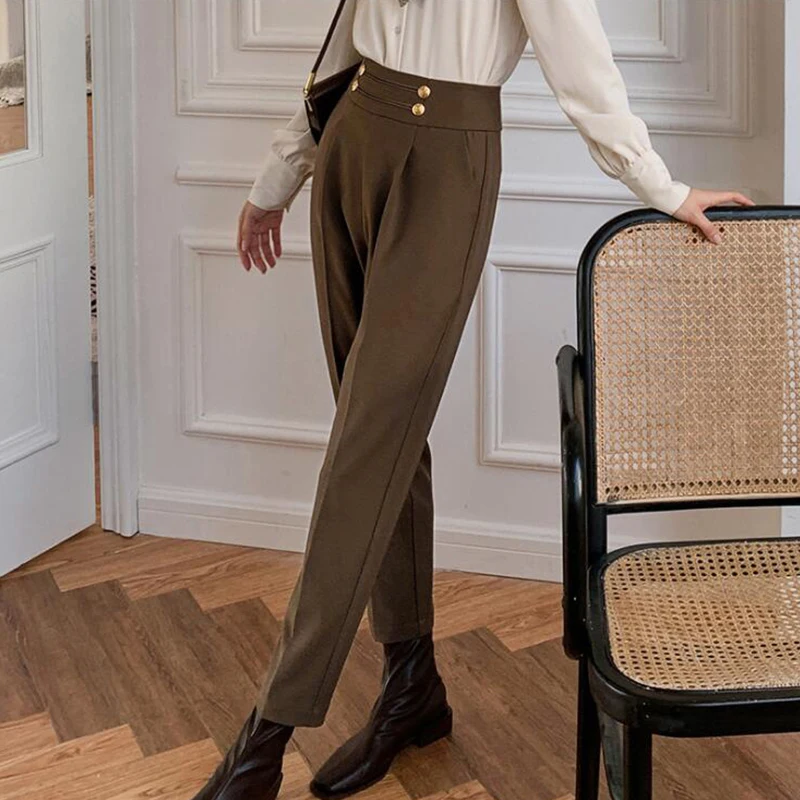 Māsa Fara Pavasara Rudens Elegants Slim Pencil Bikses Sieviešu Augstais Viduklis Cietā Taisni Uzvalku Bikses Dāmas Potītes Garuma Bikses