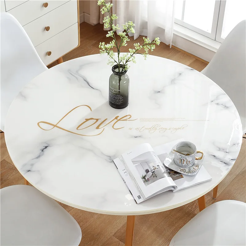 PVC plastmasas apaļā galda paklājiņš Ūdensizturīgs karstumizturīgs oilproof koka galda aizsargs segtu pasūtījuma marmora tekstūru Galdauts