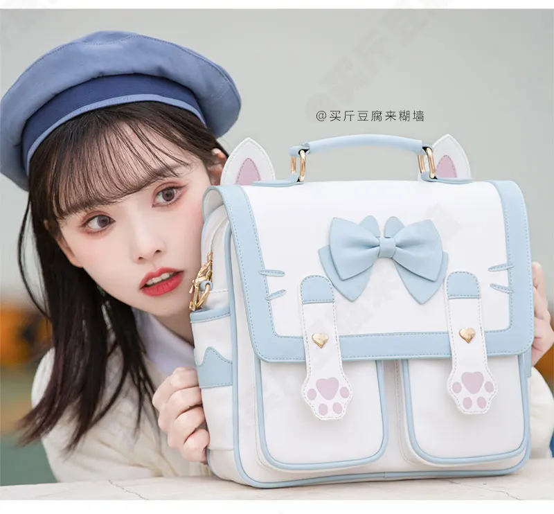 Svaigi mazie Modes Cute Bowtie Kaķis JK Messenger Bag Mugursoma Studentu Preppy Style Salds Lolita Meitene Pleca Soma Anime Cosplay