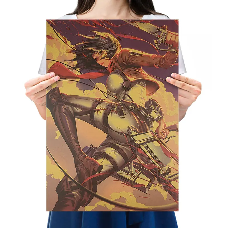 Uzbrukums Titan retro kraftpapīrs plakātu Eren Jaeger Mikasa·Ackerman anime raksturs portretu sienas uzlīmes, interjera apgleznošana