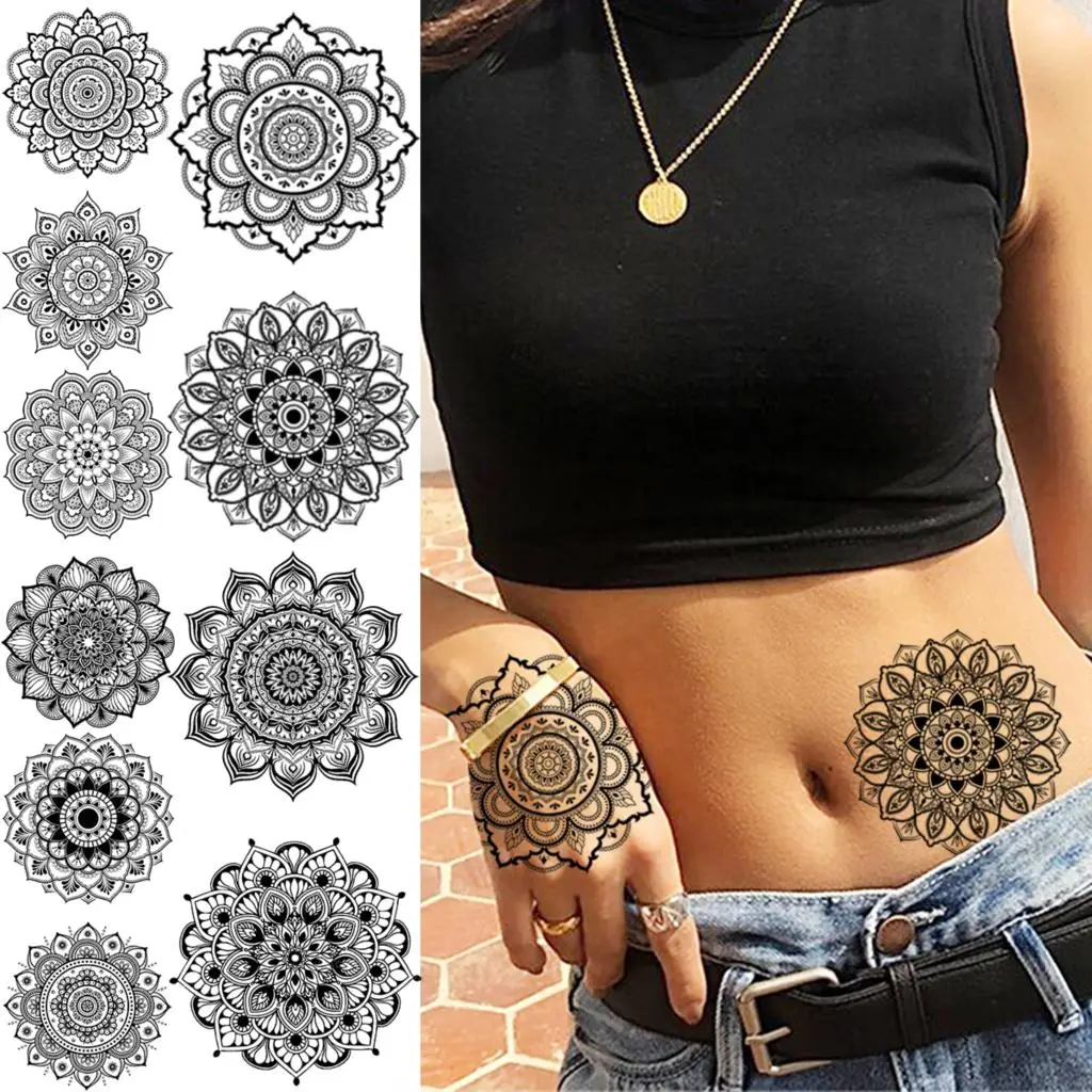 Reāli Melns Mandala Pagaidu Tetovējumiem Sievietēm Pieaugušo Henna Viltus Tetovējumu Uzlīmes, Vidukļa, Roku Ūdensizturīgs Body Art Tatoos Decal