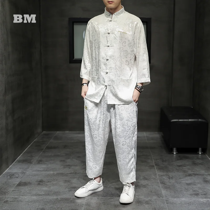 Ķīnas Plus Lieluma Tautastērpā Retro Tai Chi Tang Žakarda Uzvalks Izšuvumi Ledus Zīda Tērps Plānas Vasaras Kreklu Apgriezts Bikses