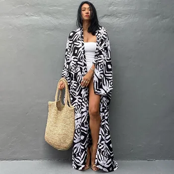 2022 Bohēmijas Sevi Siksnas Kimono par Sexy Sievietes Melna Balta Iespiests Lielajam Piedurknēm Jaka Piejūras Brīvdienas Sauļošanās Krekli