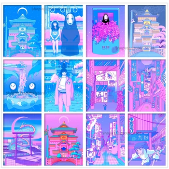 5d Diy Dimanta Krāsošana 80s Vaporwave Stila Plakāts Hayao Miyazaki Anime Neona Dedzīgs Prom Mozaīkas Izšuvumi Krustdūrienā Dekori