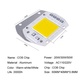 COB LED gaismas čips, AC 220V 20W 30W 50W IP65 high power smart IC bez vadītāja DIY LED prožektoru gaismā, āra čipu gaismas