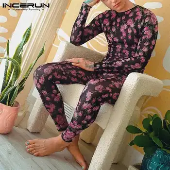 Ir 2021. Vīriešu Pidžamas Jumpsuits Redzēt Cauri O-veida kakla garām Piedurknēm Ziedu Iespiesti Kombinezonus Homewear Sexy Gadījuma Vīrieši, Plānas Playsuits INCERUN