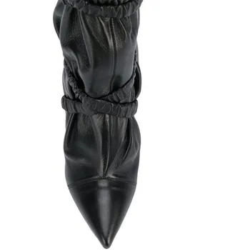 Jauno Dizaineru Kroku Sieviešu Zābaki Plānas Augstiem Papēžiem Norādīja Toe Cross-neizšķirts Black Modes Pointy Zābaciņi Sievietēm Zapatos Mujer Izmērs 45