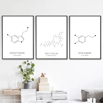 Molekulas Serotonīna Sienas Mākslas Audekla Plakāta Drukas Oksitocīna & Dopamīna Krāsošana Molekulāro Struktūru Attēlu Ķīmijas Zinātnes Dekori