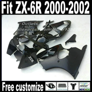 Plastmasas Pārsegi komplekts Kawasaki ZX6R 00 01 02 Ninja 636 visu glancēts melns ABS aptecētājs komplekts ZX-6R 2000 2001 2002 AF57