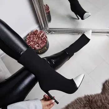 Sieviešu Augstās Modes Plānas Augstpapēžu Kurpes Seksīgi Zābaki Sieviešu Dāmas Mūsdienu Norādīja Toe Potītes Boot Jauktu Krāsu Sapatos Femininos Bote Femme
