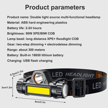 XPE COB Aptumšojami Lukturis Zvejas Vadītājs Lāpu Regulējama Galvas stīpa Spēcīgi 90W LED Lukturu USB Uzlādes Galvas Lukturīti Mount