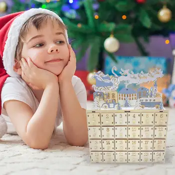 Ziemassvētku Koka Adventes Kalendārs Atpakaļskaitīšanas Apdare 24 Atvilktnes Ar LED Gaismas Koka Māju Kamanas Santa Claus