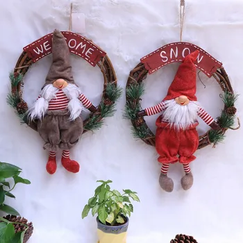Santa Claus Lelle Rotangpalmas Vainags, Ziemassvētku Rotājumi, Elfs, Rūķis Lelle Jaunā Gada Brīvdienu Durvīm, Mājas Dekoru Ar 1