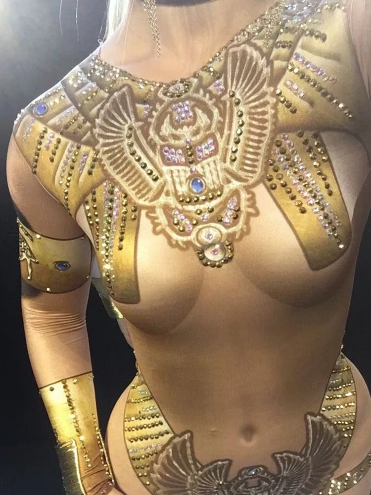 Zelta Rhinestones Rave Apģērbs Kleopatra Cosplay Jumpsuit Sieviešu Džeza Deju Stiept Bodysuit Apģērbs Vakara Šovs Viens gabals Sexy Cos 3