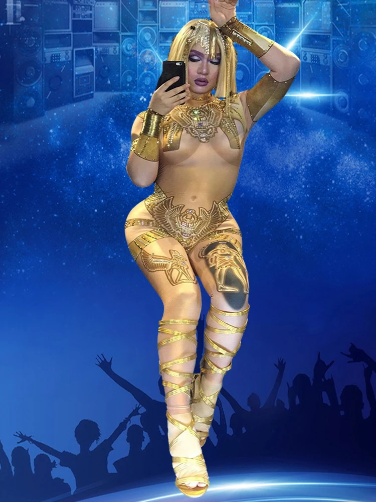 Zelta Rhinestones Rave Apģērbs Kleopatra Cosplay Jumpsuit Sieviešu Džeza Deju Stiept Bodysuit Apģērbs Vakara Šovs Viens gabals Sexy Cos 5