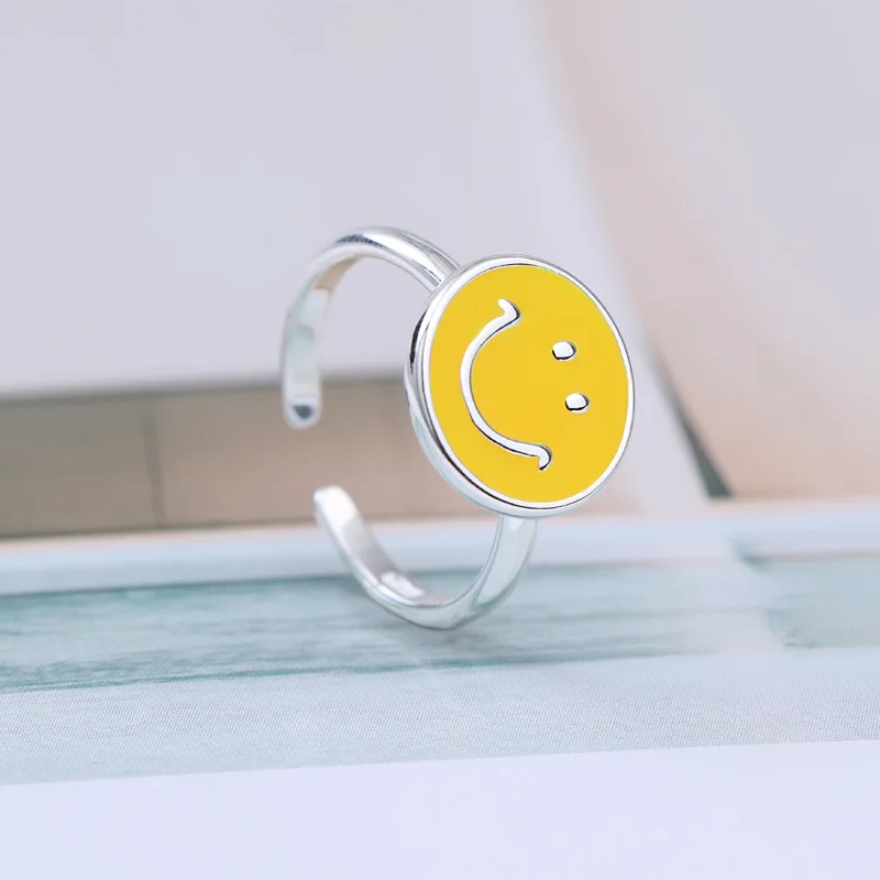 Jaunpienācēji Sudraba Pārklājumu Cute Yellow Kārta Smaidu Sejā Gredzeni Sievietēm Regulējams Izmērs Gredzenu Modes rotaslietas 1