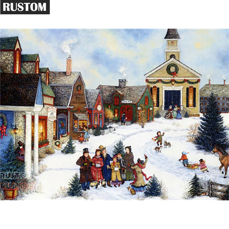 RUSTOM Jaunu 5D DIY Dimanta Glezna Ainava Cross Stitch Sniega Skatuves Dimanta Izšuvumi Pilnu Kvadrātveida Kārtas Urbt Mājas Dekoru Rokasgrāmata 0