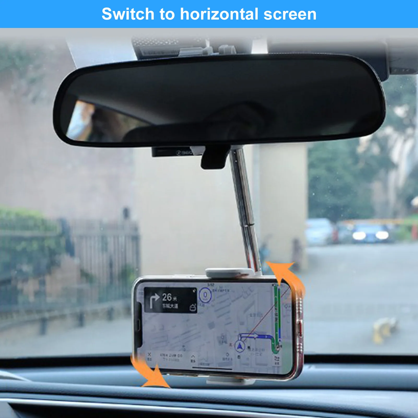 Universāls Auto Telefona Turētājs 360 Rotējoša Auto Atpakaļskata Spogulī, Snap-on GPS Navigācijas Turētājs Regulējams Teleskopiskais Atbalsta Stienis 5