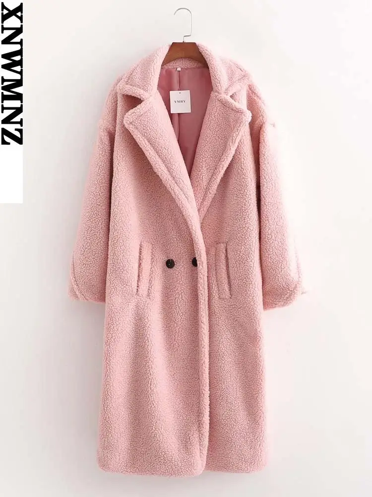 XNWMNZ za 2022 sievietes mākslīgās kažokādas teddy jaka, mētelis Sieviešu Modes atloks apkakli, garām piedurknēm sānu kabatas Sieviešu mētelis Silts Ziemas 5