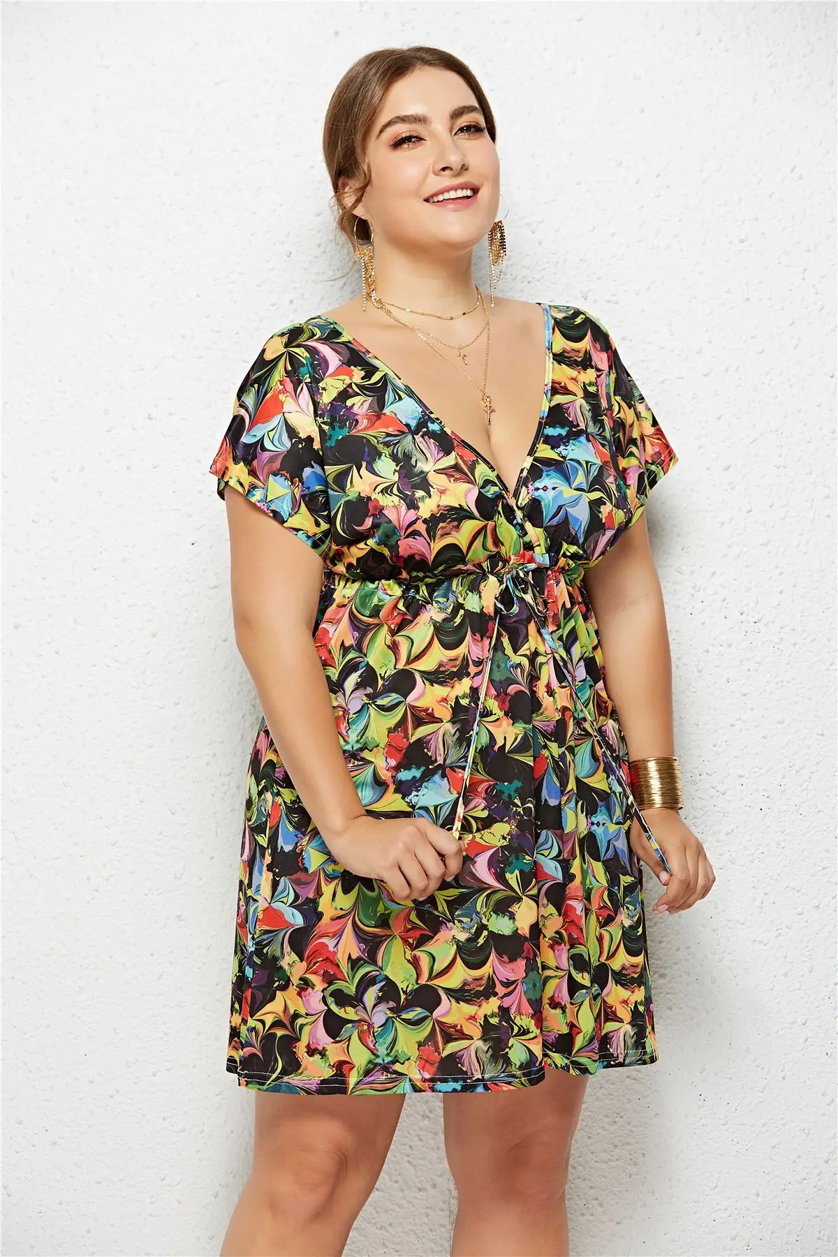 Vasarā Sievietēm Printed Kleita Dāmas Multicolor Dziļu V-veida Kakla Īsām Piedurknēm Backless Sundress ar Aukliņu Jostasvietā Plus Lieluma Kleitas 3