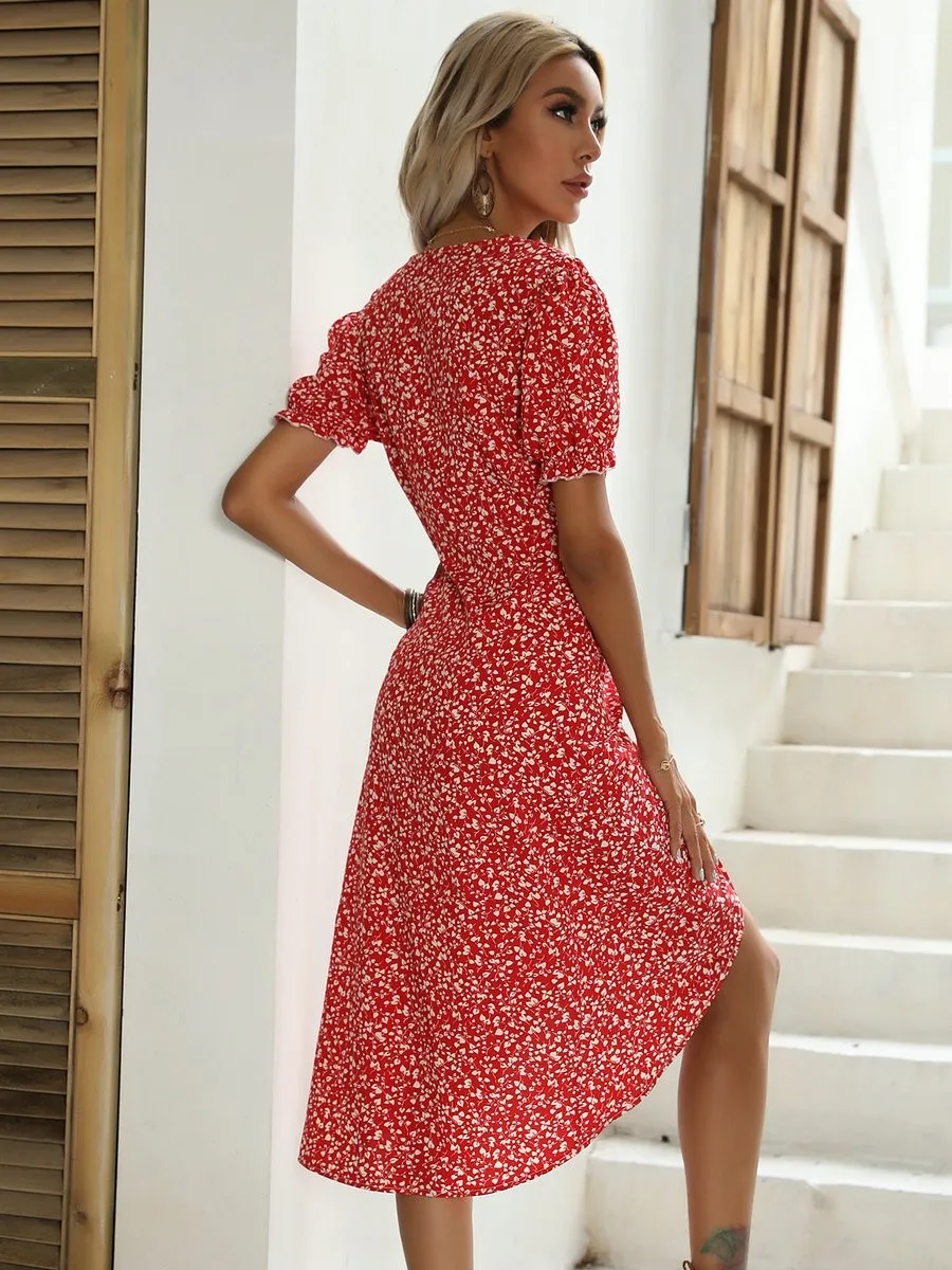Modes Red Drukāšanas Šifona Kleita 2022. Gada Vasarā Jaunu Ziedu Savirmot Īsām Piedurknēm Slim V-veida kakla Nelegālo Gara Kleita Sievietēm Boho Kleita 1
