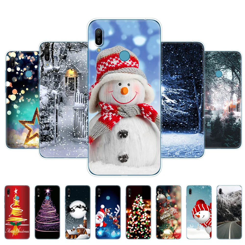 Par Huawei Y6 2019 PAKĀPI-LX1 PAKĀPI-LX1F Y6 Prime Atpakaļ Vāciņu, Lai Huawei Y6 Pro 2019 Coque ziemas ziemassvētku sniega koka jauno gadu 5