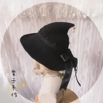Burvju Meitene Gothic Trikotāžas Wizard Hat Lolita Halloween Raganu Cepure Vintage Cute Bow Lentes Puse Aksesuārus Naģene Black Red 0