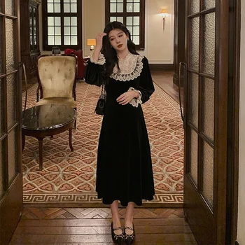 Elegants Samta Vintage Kleita Sievietēm Mežģīnes Raibs Korejas Puse Gothic Sieviešu Kleita Melnā Gadījuma Vakarā Viktorijas Kāzu Kleitu