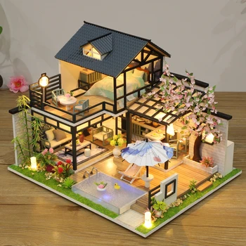 Japāņu Casa Koka Leļļu Mājas Komplekts Miniatūras ar Mēbelēm, Gaismas Māja Namiņš DIY Villa Rotaļlietas Pieaugušajiem Xmas Dāvanas