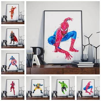 Marvel Supervaroņu Akvareļu Sērija Avengers Dzelzs Vīrs Zirnekļcilvēka Pirmsskolas Bērnu Istabas Krāsošanas Mājas Dekoru plakāti, kanvas glezna