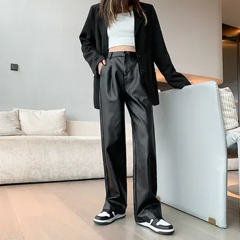 Mākslīgās Ādas Bikses PU Bikses Sievietēm Black Augsta Vidukļa Biksēm Kabatas Modes Biroja dāma Taisni Melnas Bikses Streetwear