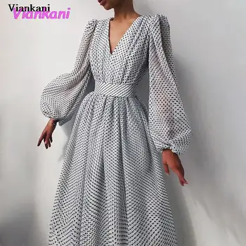 Polka Dot Šifona Kleita Sievietēm Ir 2021. Dziļu V Veida Kakla Vintage Vērtnes Sexy Caurspīdīgs Acs Elegants Sieviešu Kleitas Ilgi Drēbes Vestidos