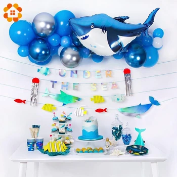 Radošā DIY Zilā Haizivs Tēmu Dzimšanas dienas svinības Rotājumus Bērniem Baloni Pompom Photobooth Vienreizējās lietošanas Galda piederumi Bērnu Dušas Dekori
