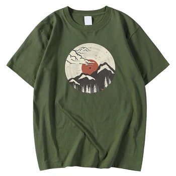 Regulāri Piedurknēm Vīriešu T Krekli Pavasara Vasaras T-Krekls Ukiyo-E Tradicionālās Mākslas Montain Saule Drukāt Apģērbs Ar Īsām Piedurknēm T-Krekls Mens