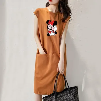 Vasaras Disney Kleita Vienkārša Kawaii Minnie Mickey Mouse Kabatas O Apkakli, Īsām Piedurknēm Kleitas, Pusgarās Streetwear Gadījuma Modes