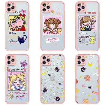 Gudrs Sailor Moon Tālrunis Lietā Par iphone 13 12 11 Pro Max Mini XS 8 7 Plus X SE 2020. GADAM XR Gaiši rozā Matēts Caurspīdīgs Vāks 1