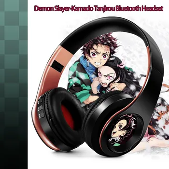 Japānas Anime Austiņu Demon Slayer Kimetsu Nav Yaiba Kamado Tanjirou Cosplay Bluetooth Austiņas Austiņas ar Mic Atbalsta TF Karti 1