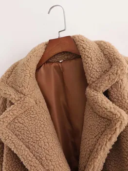 XNWMNZ za 2022 sievietes mākslīgās kažokādas teddy jaka, mētelis Sieviešu Modes atloks apkakli, garām piedurknēm sānu kabatas Sieviešu mētelis Silts Ziemas 1