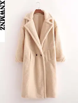 XNWMNZ za 2022 sievietes mākslīgās kažokādas teddy jaka, mētelis Sieviešu Modes atloks apkakli, garām piedurknēm sānu kabatas Sieviešu mētelis Silts Ziemas 2