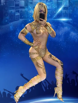 Zelta Rhinestones Rave Apģērbs Kleopatra Cosplay Jumpsuit Sieviešu Džeza Deju Stiept Bodysuit Apģērbs Vakara Šovs Viens gabals Sexy Cos 2