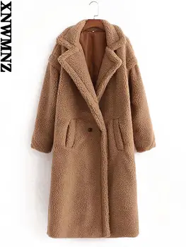 XNWMNZ za 2022 sievietes mākslīgās kažokādas teddy jaka, mētelis Sieviešu Modes atloks apkakli, garām piedurknēm sānu kabatas Sieviešu mētelis Silts Ziemas 4