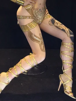 Zelta Rhinestones Rave Apģērbs Kleopatra Cosplay Jumpsuit Sieviešu Džeza Deju Stiept Bodysuit Apģērbs Vakara Šovs Viens gabals Sexy Cos 4